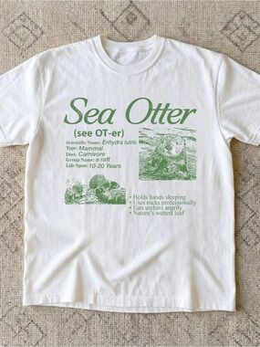 Sea Otter Graphic Tee - White with Green Print - size L